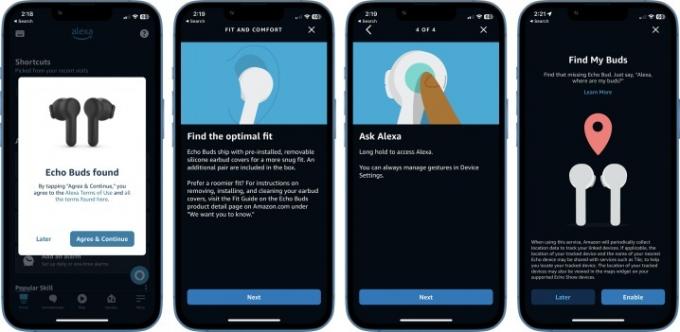Amazon Echo Buds için çeşitli kurulum ekranları.