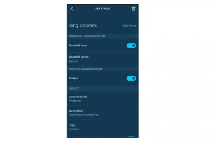 De instellingen van de Ring video deurbel worden weergegeven in een Alexa-app.