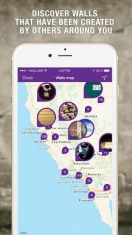 Skärmdump av WallaMe-appen som visar en karta för att upptäcka väggar skapade av andra användare