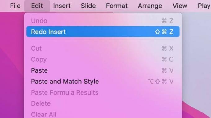Editar, Refazer Inserir na barra de menu do Mac.