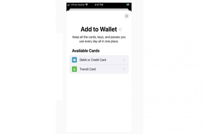 Панел за добавяне на кредитна карта на Apple Wallet.