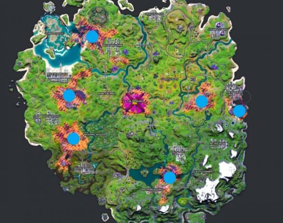 Mapa dos locais de queda de OVNIs em Fortnite.