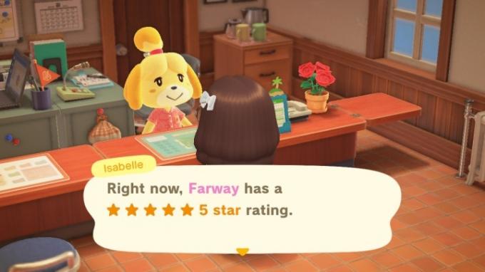 Isabelle rating oraș în Animal Crossing: New Horizons.