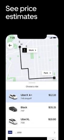 Zrzut ekranu przedstawiający szacunkowe ceny w aplikacji Uber