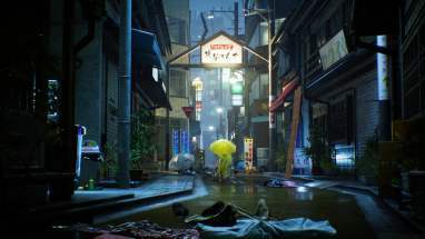 Duh v rumenem dežnem plašču stoji na ulici v Ghostwire: Tokio.