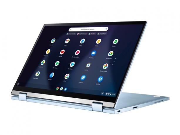 Das ASUS Chromebook Flip C433 in Blau vor weißem Hintergrund.