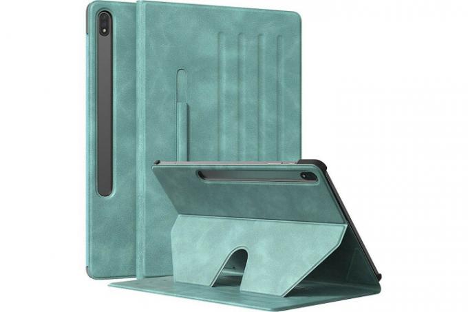 SaharaCase Multi-Angle Case i grøn til Samsung Galaxy Tab S8 Plus, der viser etuiets S Pen-holder og etuiet foldet ud til et stativ for håndfri visning.