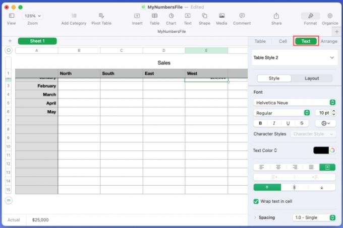 Options de format de texte dans Numbers.