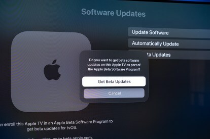 Επιλογές λογισμικού Apple TV beta όπως φαίνεται σε μια τηλεόραση.