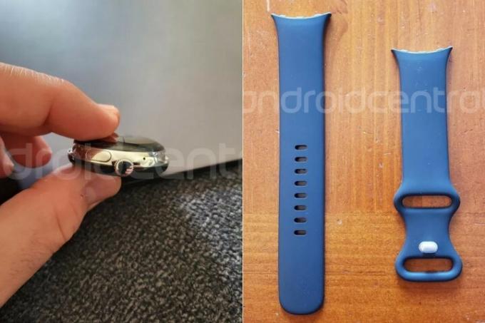 Imagens vazadas do Google Pixel Watch apresentando a coroa do relógio e uma pulseira. 