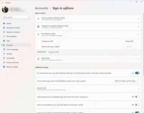Screenshot mit ausgegrauter Schaltfläche zum Entfernen des Windows-Hello-Pins.