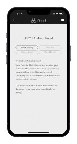 Aplikace Final Connect pro iOS zobrazující obrazovku ANC.