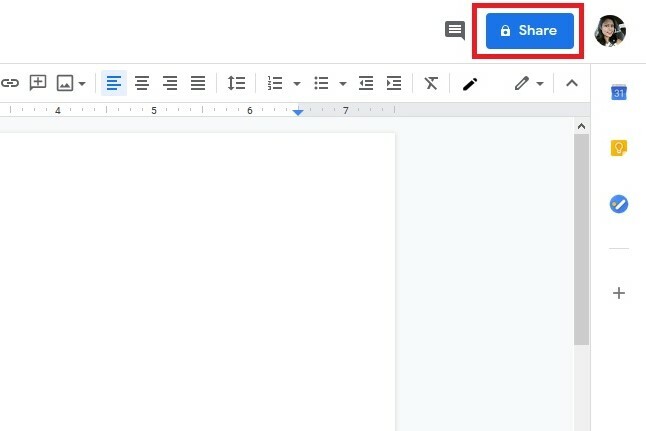 Google Docs Share ღილაკის ეკრანის ანაბეჭდი