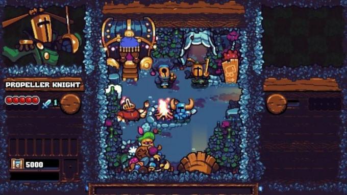 Shovel Knight fica em um acampamento em Shovel Knight: Pocket Dungeon.