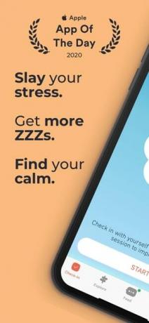 Captura de tela do aplicativo MyLife Meditation mostrando um texto que diz Apple App do dia 2020, Acabe com o estresse, Obtenha mais Zzzs, Encontre sua calma