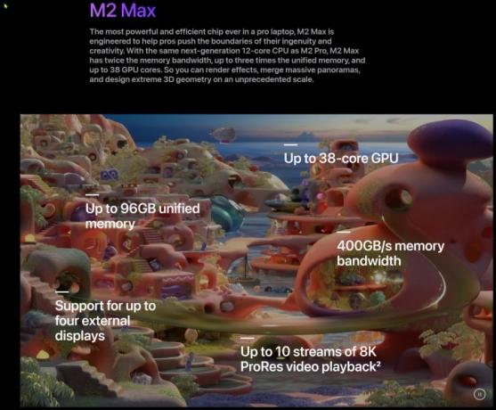 M2 Max diagram, der viser forskellige specifikationer.