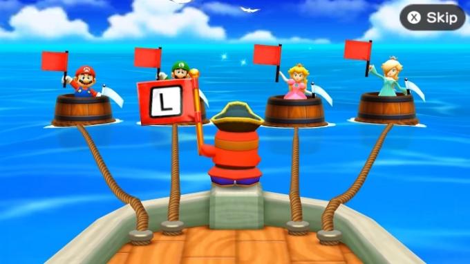 Shyguy brandissant un drapeau rouge sur un bateau.