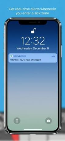 لقطة شاشة لتطبيق Sickweather تعرض التنبيهات في الوقت الفعلي