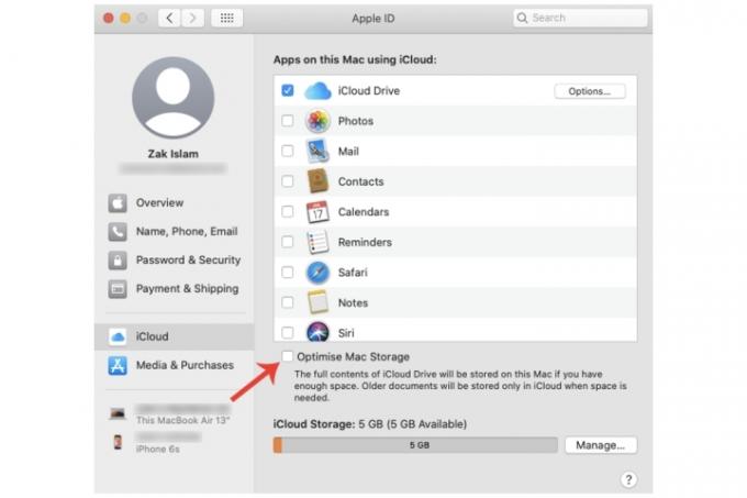 Gumb za optimizacijo shranjevanja Mac v Apple ID za Mac.