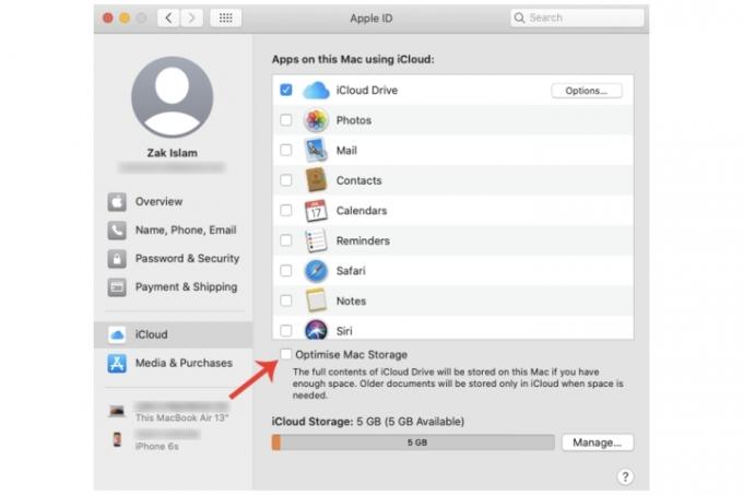 Бутонът за оптимизиране на съхранението на Mac в Apple ID за Mac.