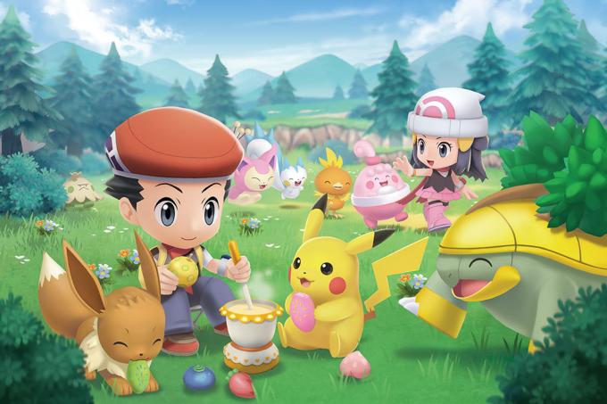 Zdjęcie promocyjne Pokémon Brilliant Diamond i Shining Pearl przedstawiające trenerów relaksujących się ze swoimi Pokémonami na Placu Przyjaciół.