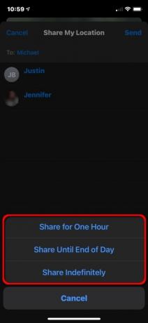 iPhone Share Location vælg varighed.