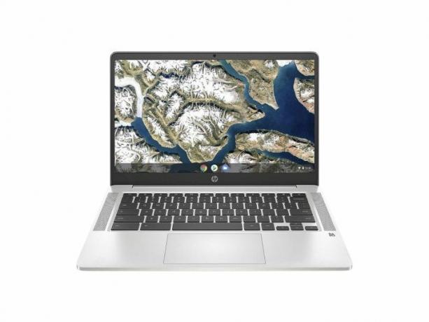 HP-jev 14-palčni Chromebook na belem ozadju.