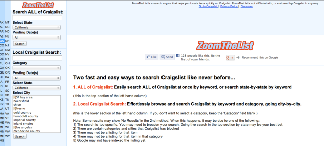 Zoom in op de lijst Craigslist-zoekmachine Screenshot