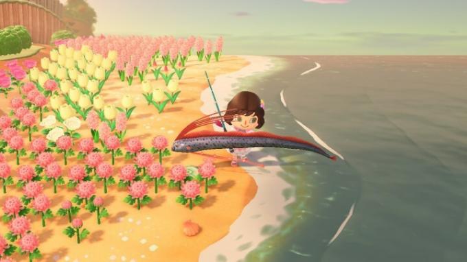 Pegando peixes em Animal Crossing: New Horizons.