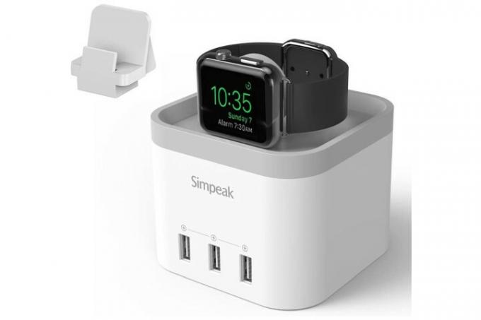 Podstawka ładująca Simpeak do Apple Watch z 4 portami USB z przodu i czarnym Apple Watch do ładowania na górze