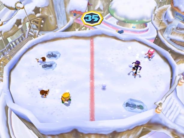 Une bataille de boules de neige Mario Party.