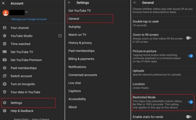 серія з трьох скріншотів обмеженого режиму в мобільному додатку YouTube для Android