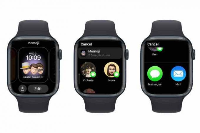 Három Apple Watch az óralap megosztásának lépéseit mutatja be.