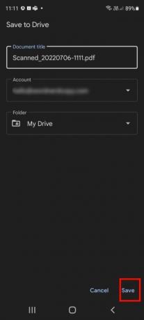 Google Drive -sovelluksen skanneri tallentaa asiakirjaa.