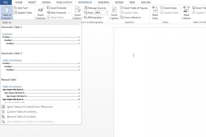 Tlačítko Obsah v aplikaci Microsoft Word, které vám umožňuje vybrat si z existující šablony.
