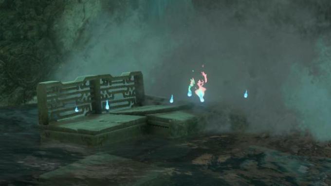 Poes sitter nära ett vattenfall i The Legend of Zelda: tears of the Kingdom.