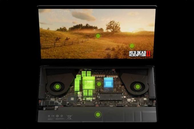 Laptop alimentat de Nvidia care arată componentele Nividia evidențiate, rulând Red Dead Redemption.