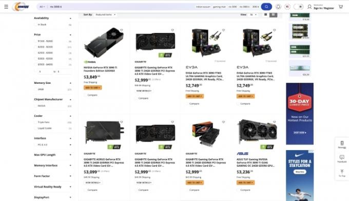 Produktsiden og priserne på Newegg til Nvidia RTX 3090 Ti GPU.