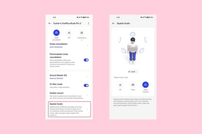 Snimka zaslona postavki OnePlus Buds Pro 2 za prostorni zvuk