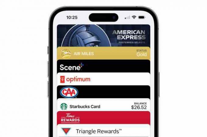 Um iPhone executando a Apple Wallet com vários cartões de recompensa exibidos.