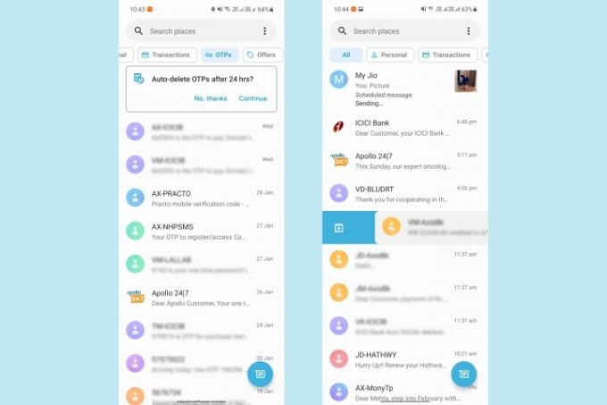 Begrüßungsbildschirm von Google Messages mit Option zum automatischen Löschen von OTP und Wischgeste zum Archivieren von Nachrichten vor hellblauem Hintergrund.