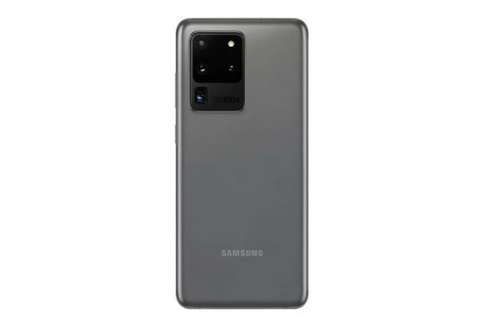 Fotografia zobrazuje zadnú časť telefónu Samsung Galaxy S20 Ultra vo farbe Cosmic Grey