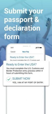 Skärmdump av att skicka in ditt pass och deklarationsformulär på Mobile Passport-appen