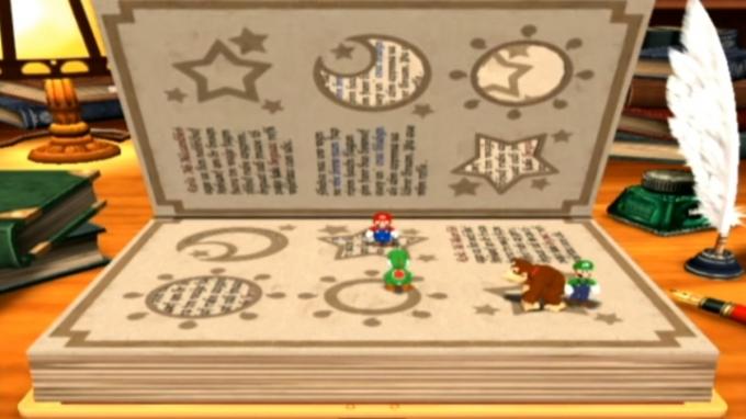 Personnages de Mario sur un livre géant.