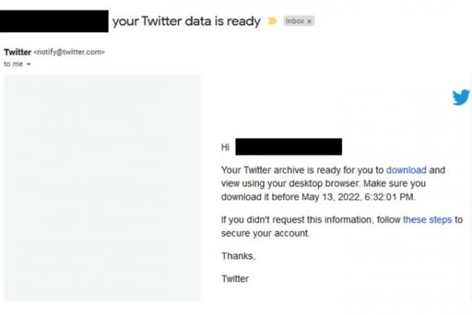 Twitterjevo e-poštno obvestilo, ki pravi, da je arhiv pripravljen za prenos.