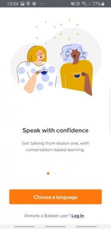 Screenshot der Sprachlern-App Babbel mit der Aufschrift „Sprechen Sie mit Selbstvertrauen“.