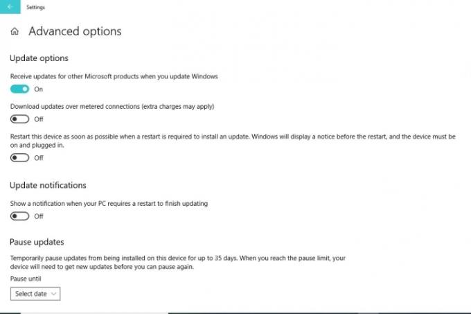 Kuva Windows 10:n päivitykset ja suojauksen lisäasetukset -valikosta