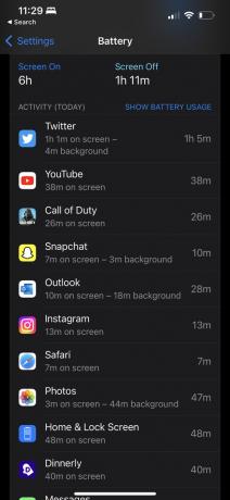 Captura de pantalla que muestra el uso de la batería de un día en el iPhone 14.
