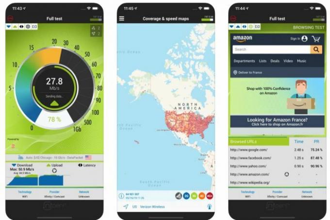 لقطات شاشة لتطبيق NPerf لفحص سرعة الإنترنت على نظام iOS.