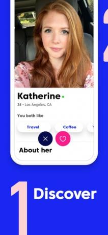 Captura de tela do aplicativo Match mostrando o perfil de uma usuária chamada Katherine, com sua foto e detalhes